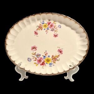 Pretty Vintage Oval Floral Serving Platter Gold Trim